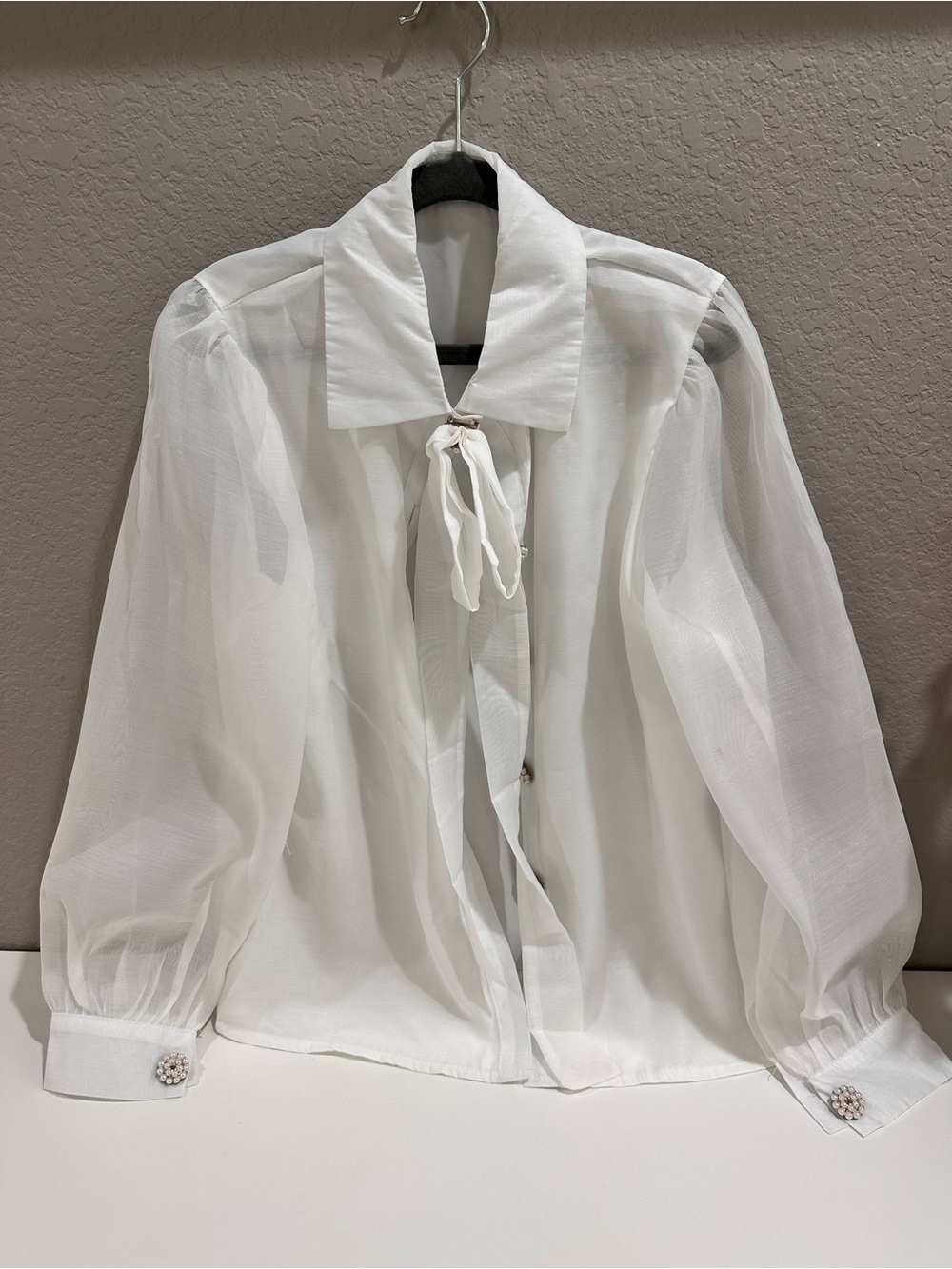 White Sheer Tie-Neck Women’s Shirt Victorian